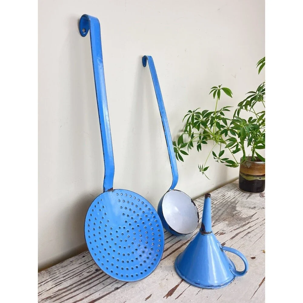 Antique Primitive Robins Egg Blue Enamelware Kitchen Utensils Trio Farmhouse Lot